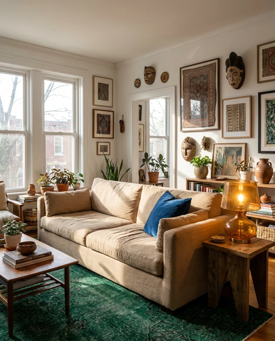 Beige Sofa with Rich Jewel Tone Accents 1