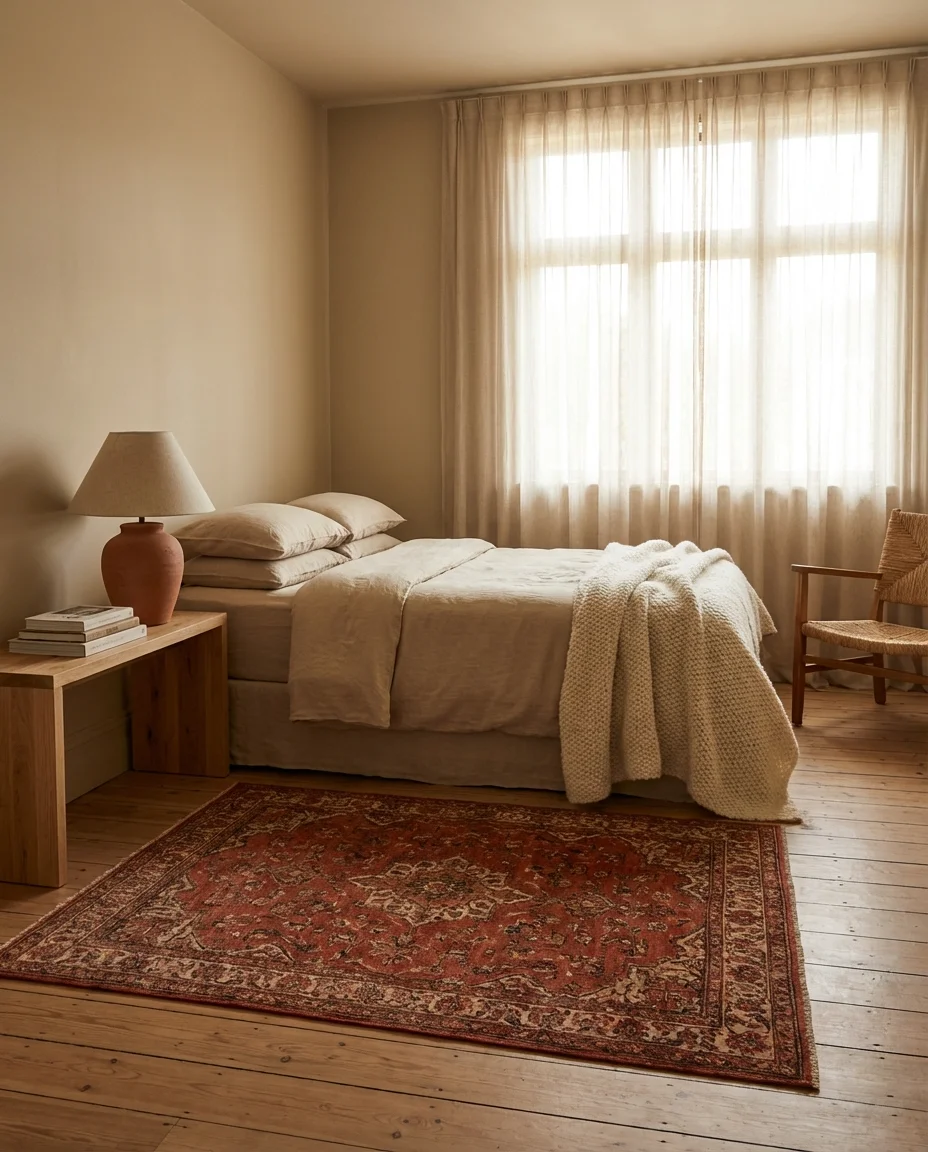 Beige and Red Bedroom for Understated Warmth 1