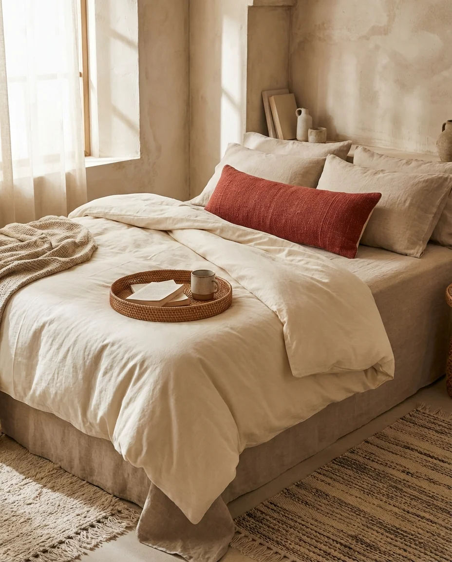 Beige and Red Bedroom for Understated Warmth 2