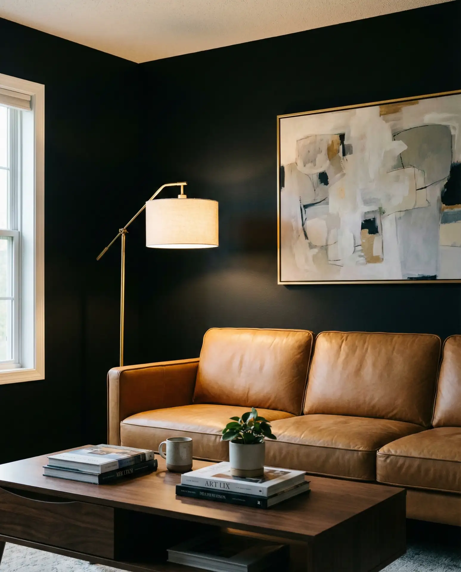 Black Accent Wall Behind Brown Leather Couch 2