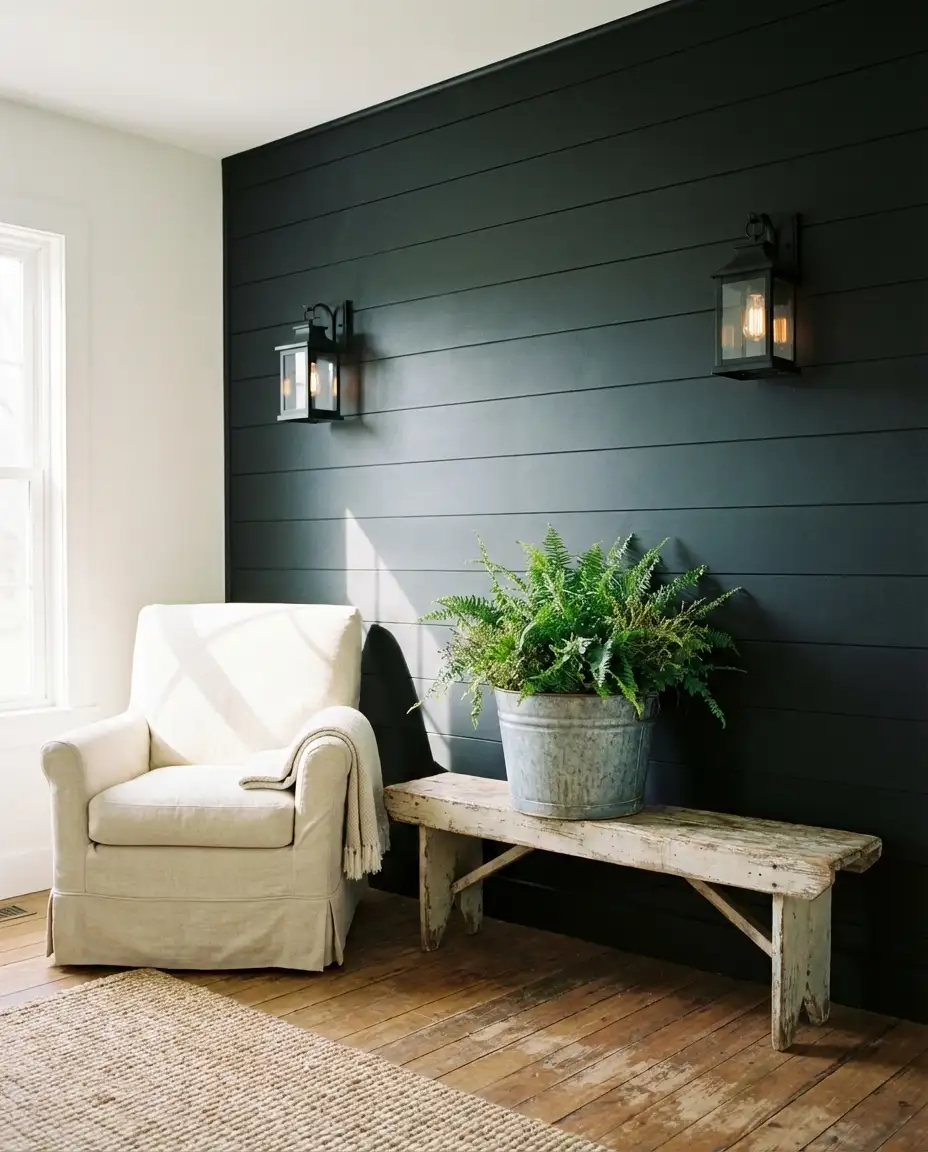 Black Accent Wall in Farmhouse Living Room with Shiplap 1