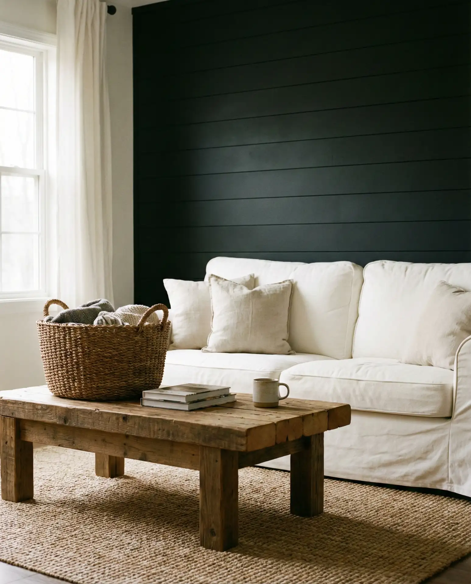 Black Accent Wall in Farmhouse Living Room with Shiplap 2