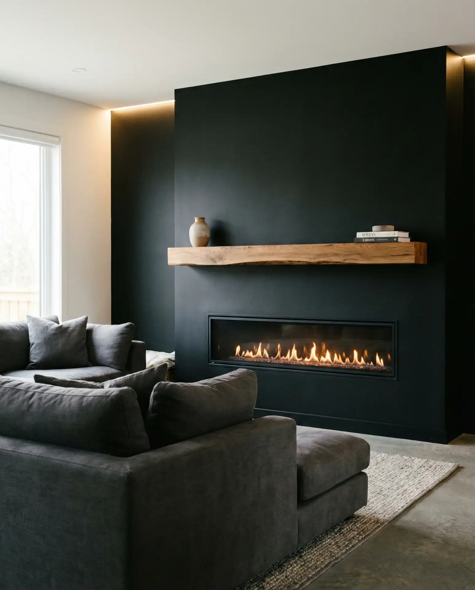 Black Accent Wall in Living Room with Fireplace Mantel 2