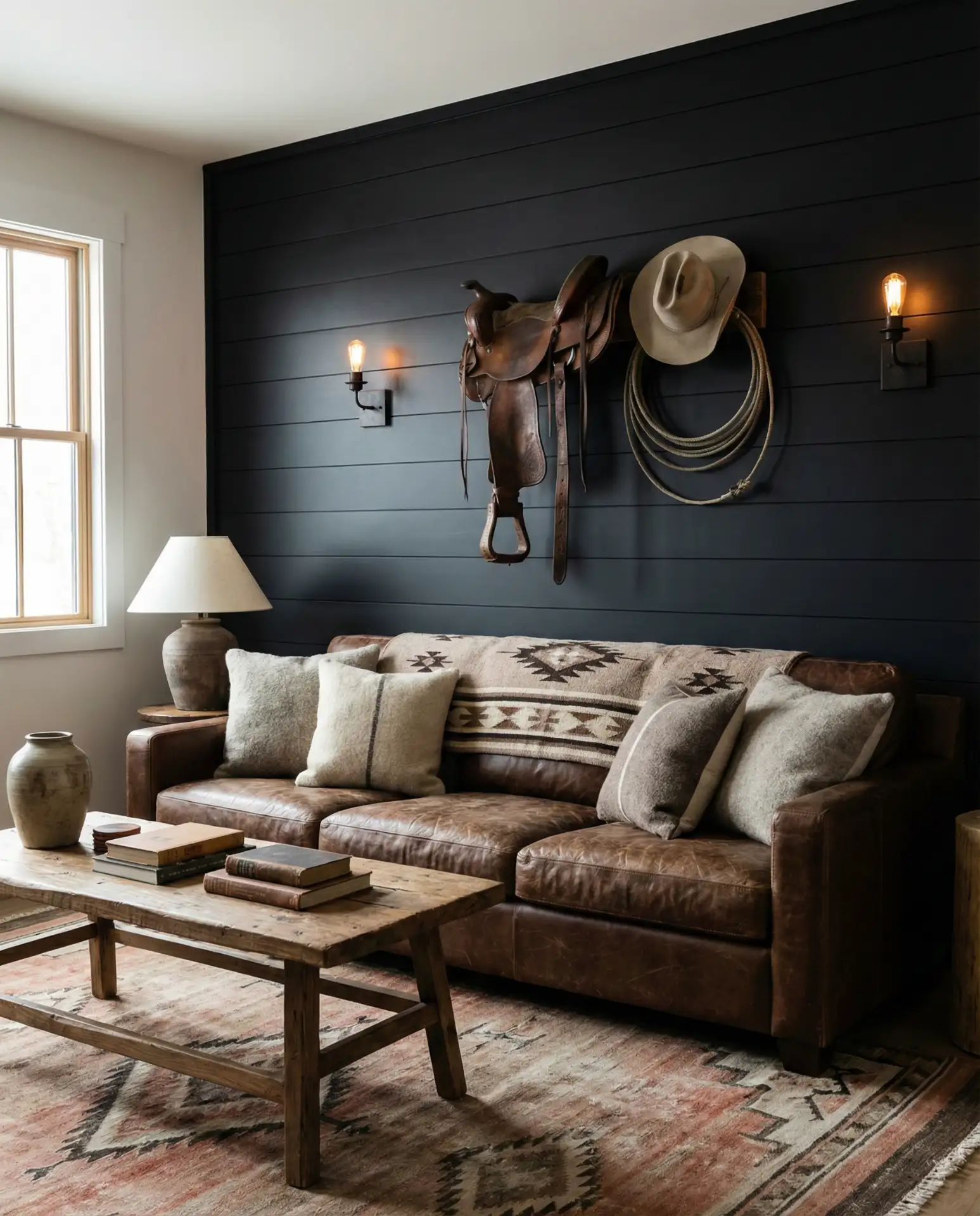 Black Accent Wall in Western or Rustic Living Room 2