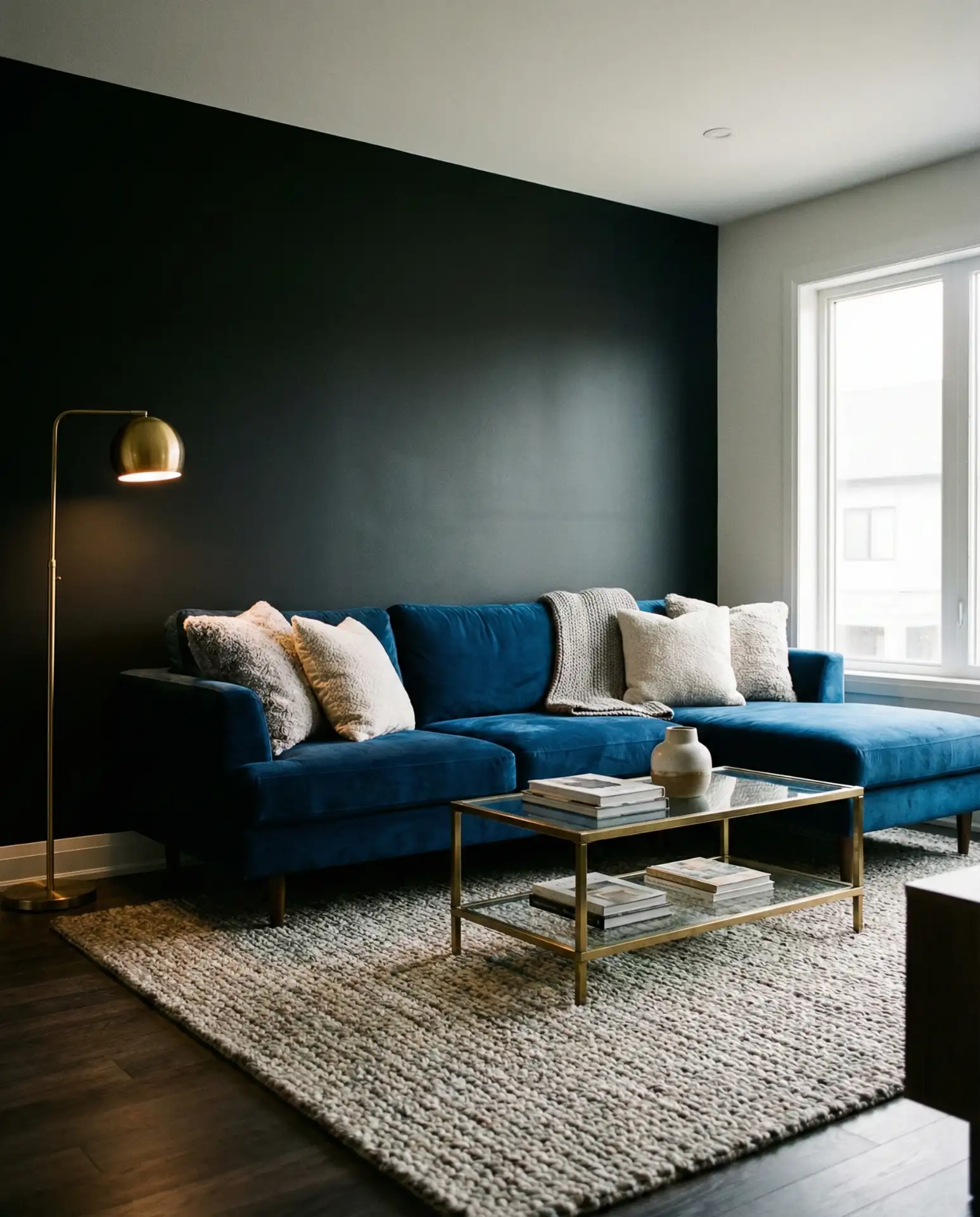 Black Accent Wall with Blue Velvet Couch 1