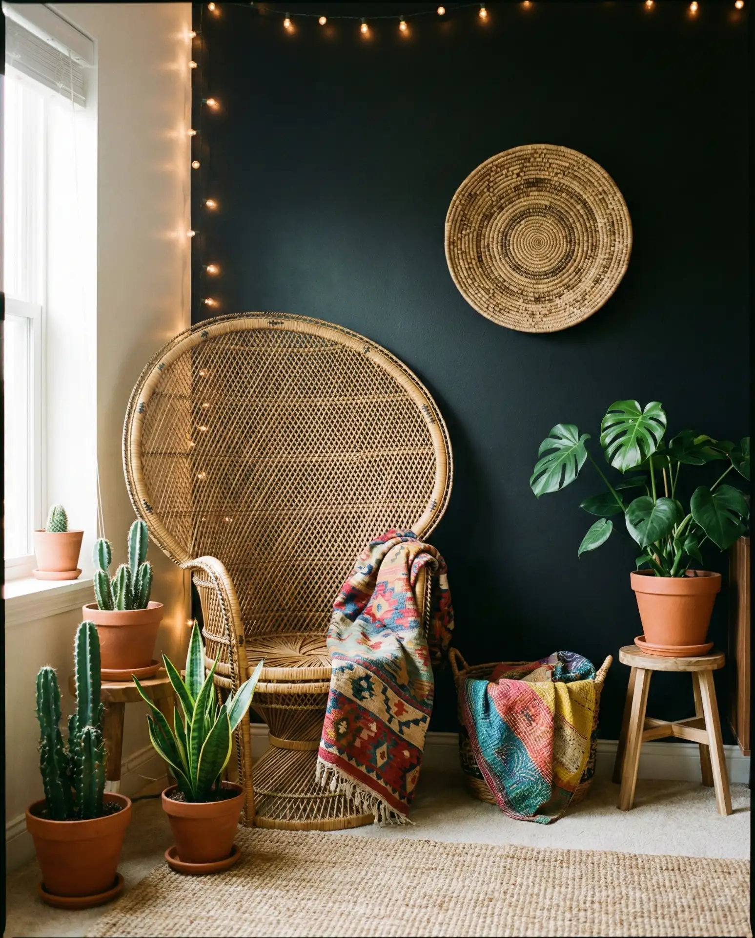 Black Accent Wall with Boho Textiles and Patterns 1