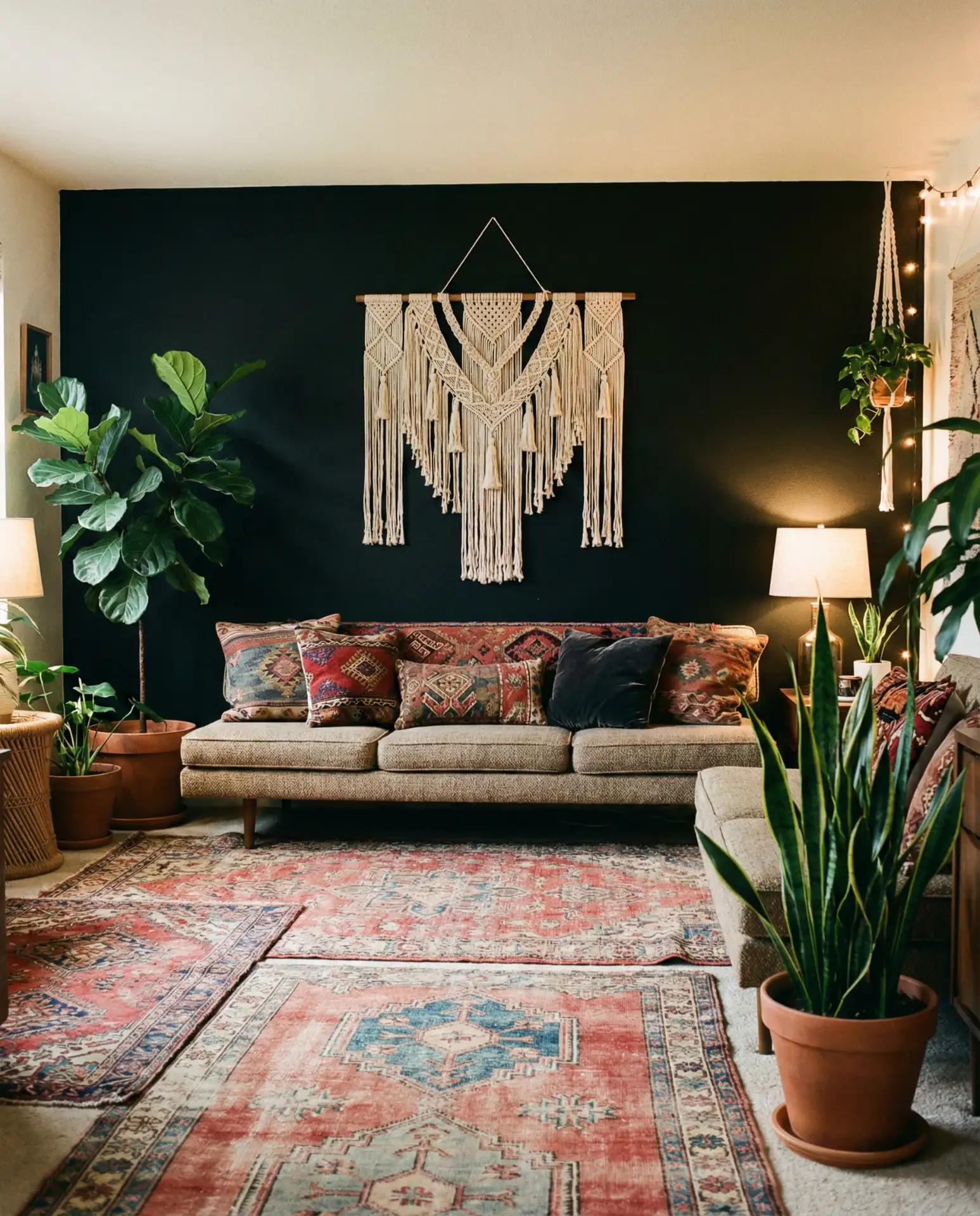 Black Accent Wall with Boho Textiles and Patterns 2