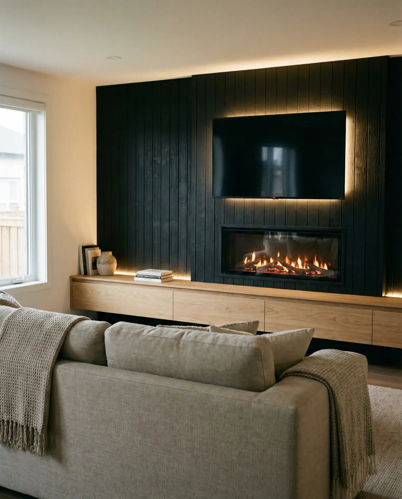 Black Accent Wall with Built-In Fireplace and TV 1
