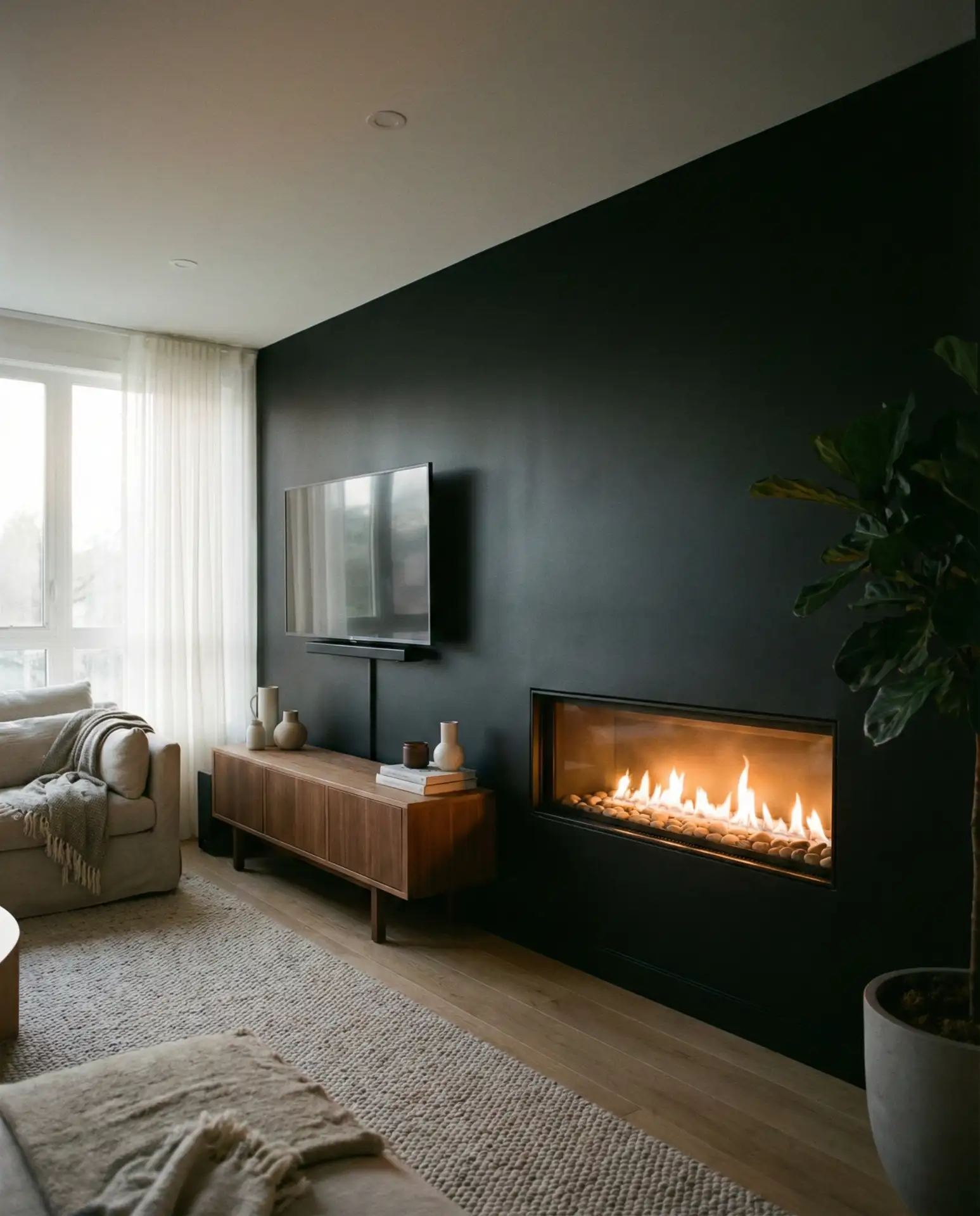 Black Accent Wall with Built-In Fireplace and TV 2