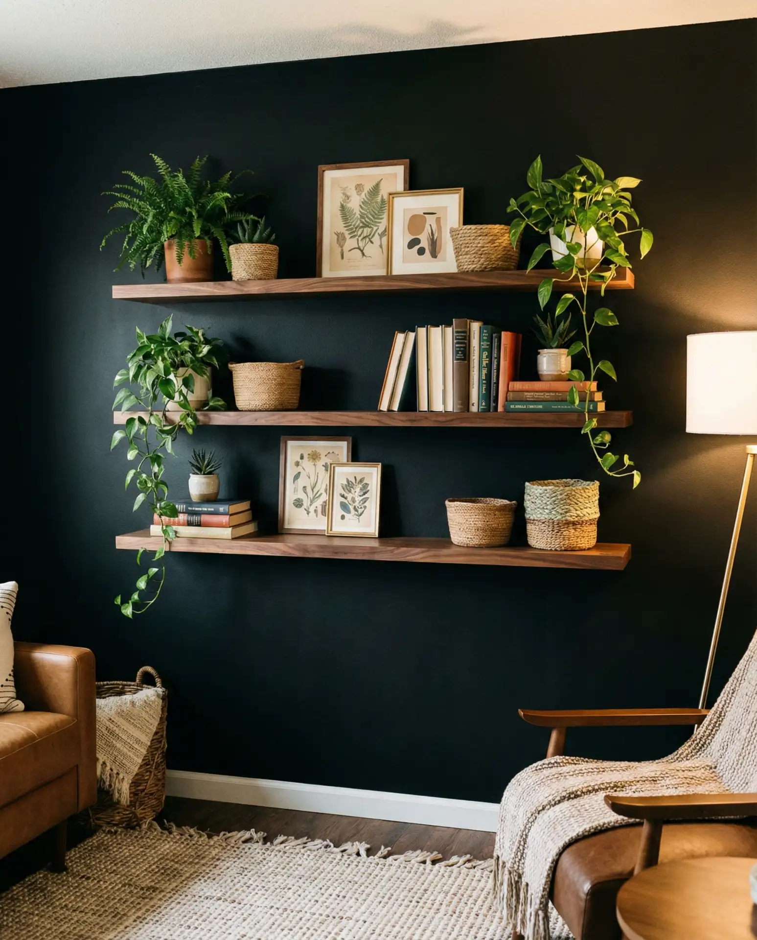 Black Accent Wall with Floating Wood Shelves 1