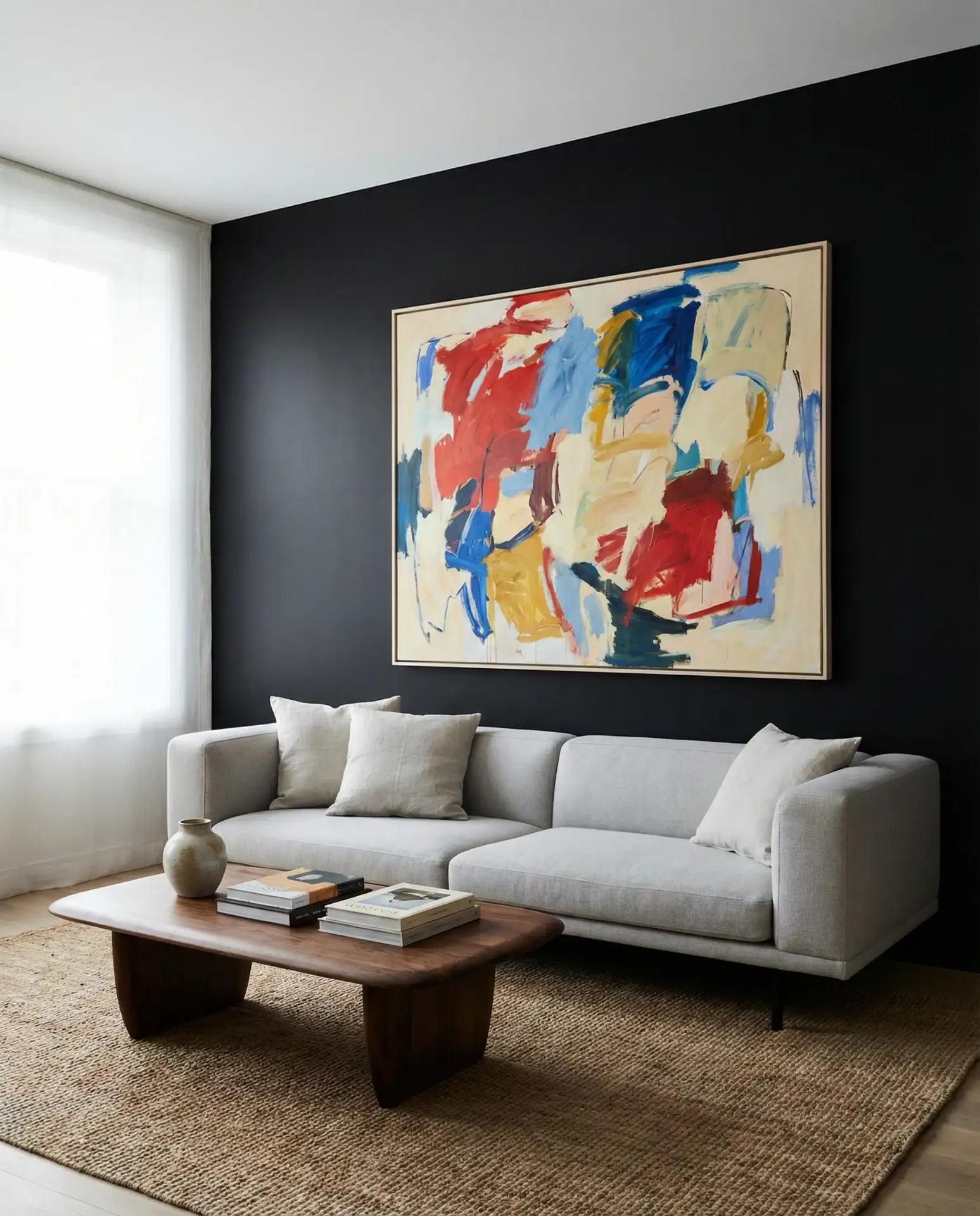 Black Accent Wall with Large-Scale Abstract Art 1