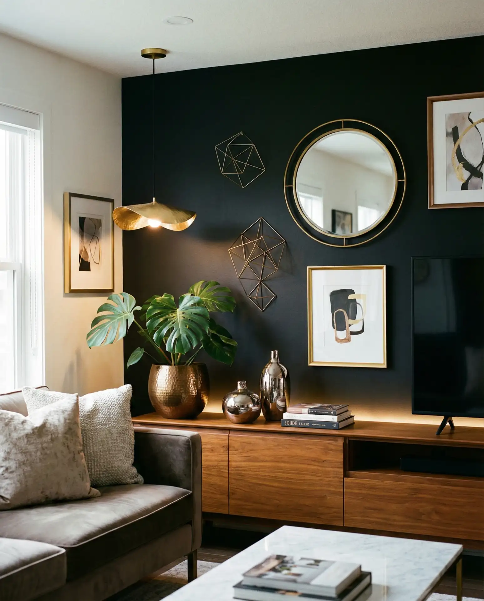 Black Accent Wall with Metallic Accents and Lighting 1