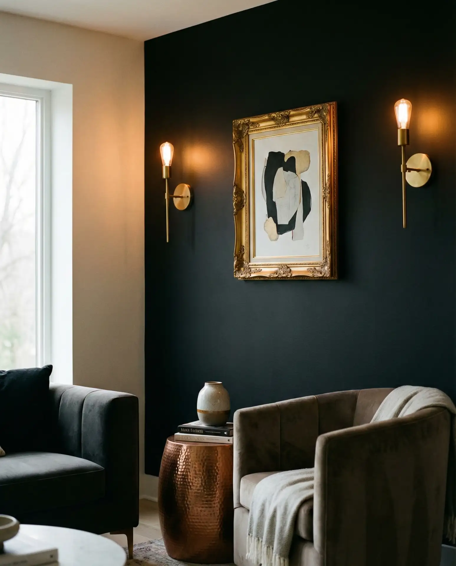 Black Accent Wall with Metallic Accents and Lighting 2