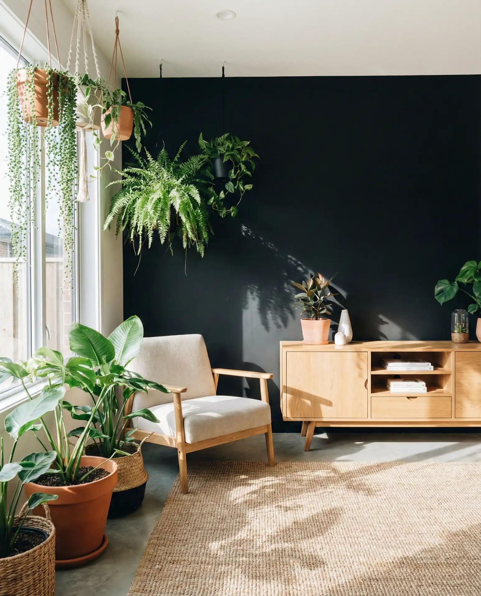 Black Accent Wall with Natural Light and Greenery 2