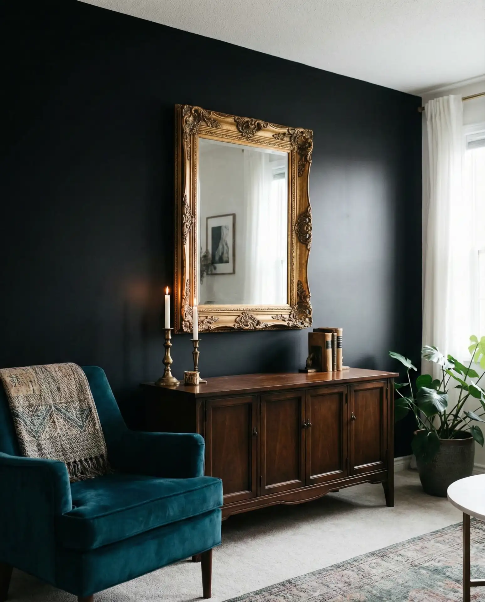 Black Accent Wall with Vintage Decor 1