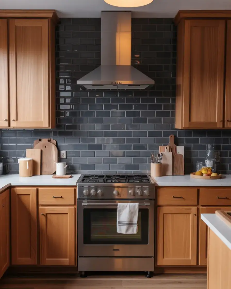 Black Backsplash with Honey Oak Cabinets 1