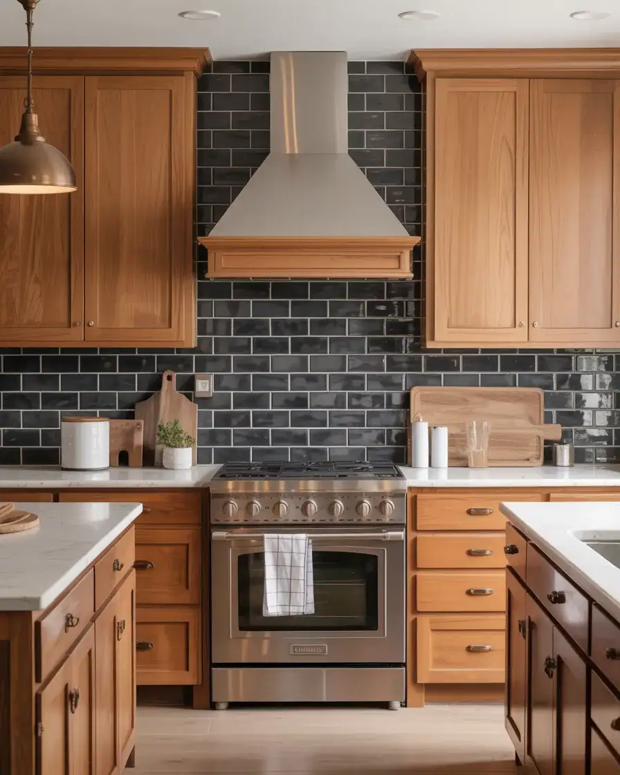 Black Backsplash with Honey Oak Cabinets 2