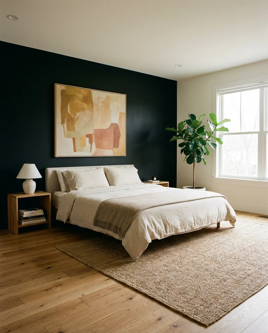 Black Bedroom with Accent Wall and Statement Art 1