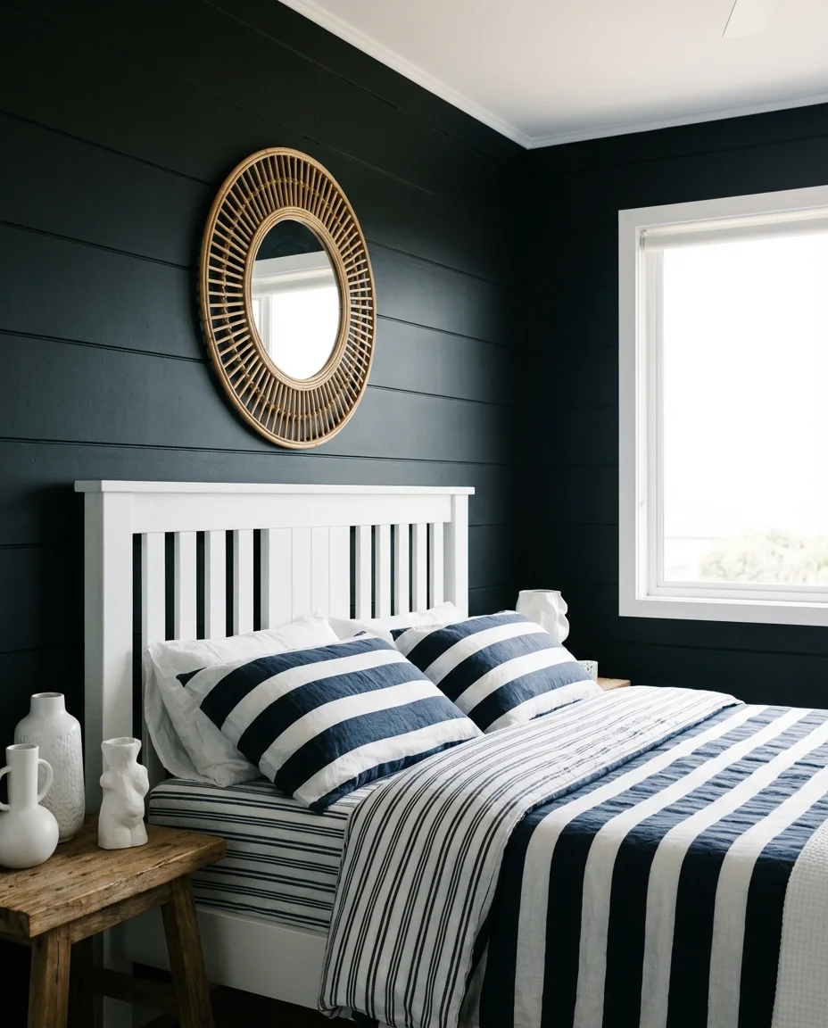 Black Bedroom with Blue and White Coastal Edge 1