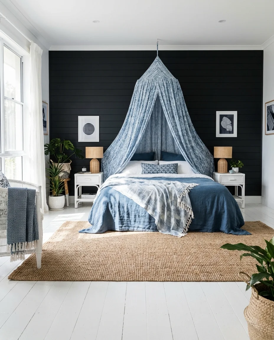 Black Bedroom with Blue and White Coastal Edge 2