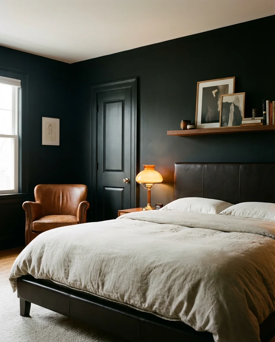 Black Bedroom with Brown and Leather Warmth 1