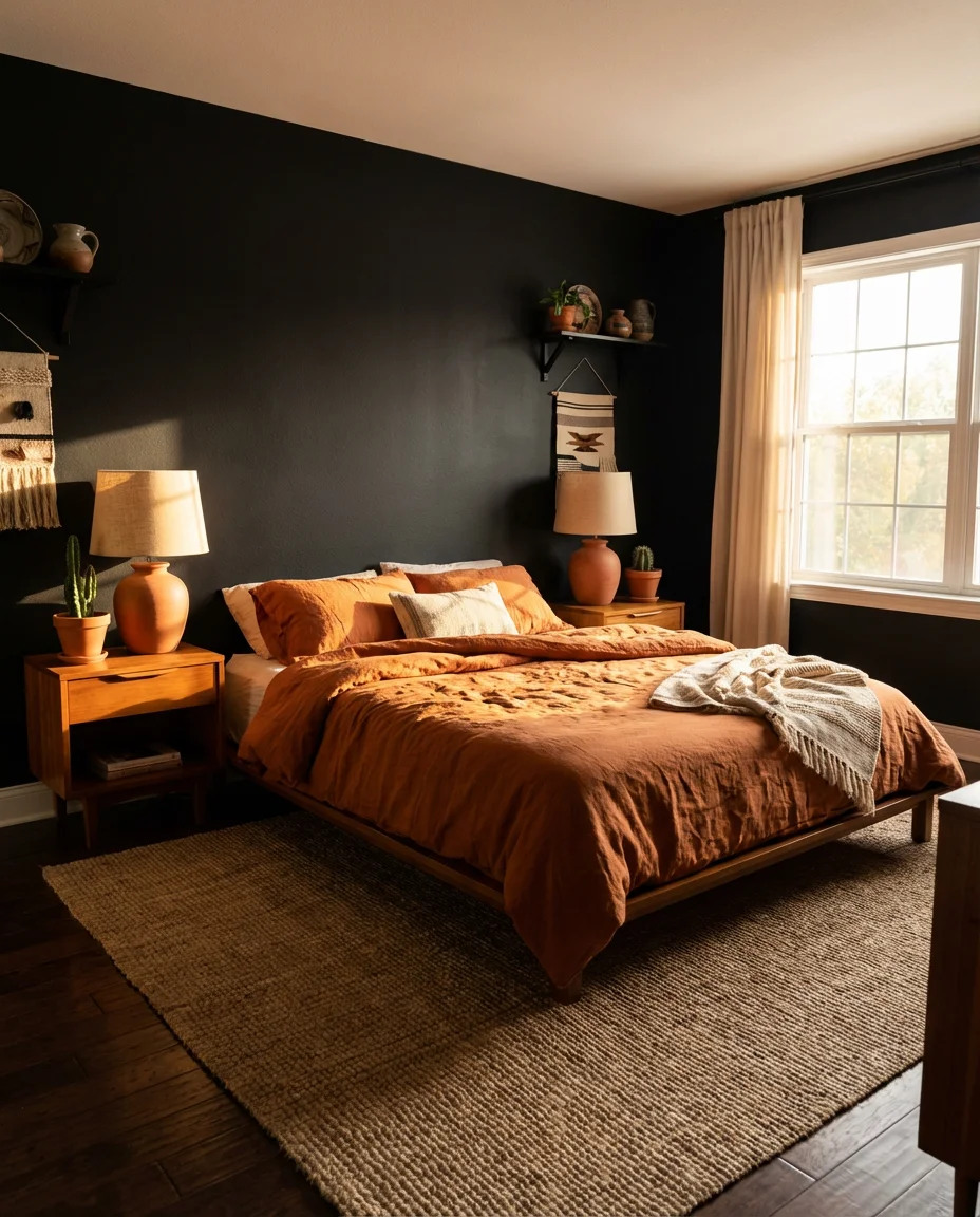 Black Bedroom with Burnt Orange Accents 1