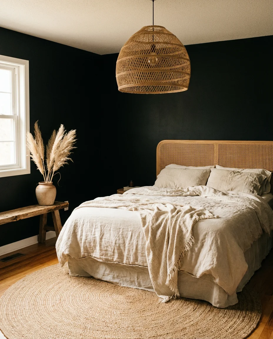 Black Bedroom with Neutral and Natural Tones 1