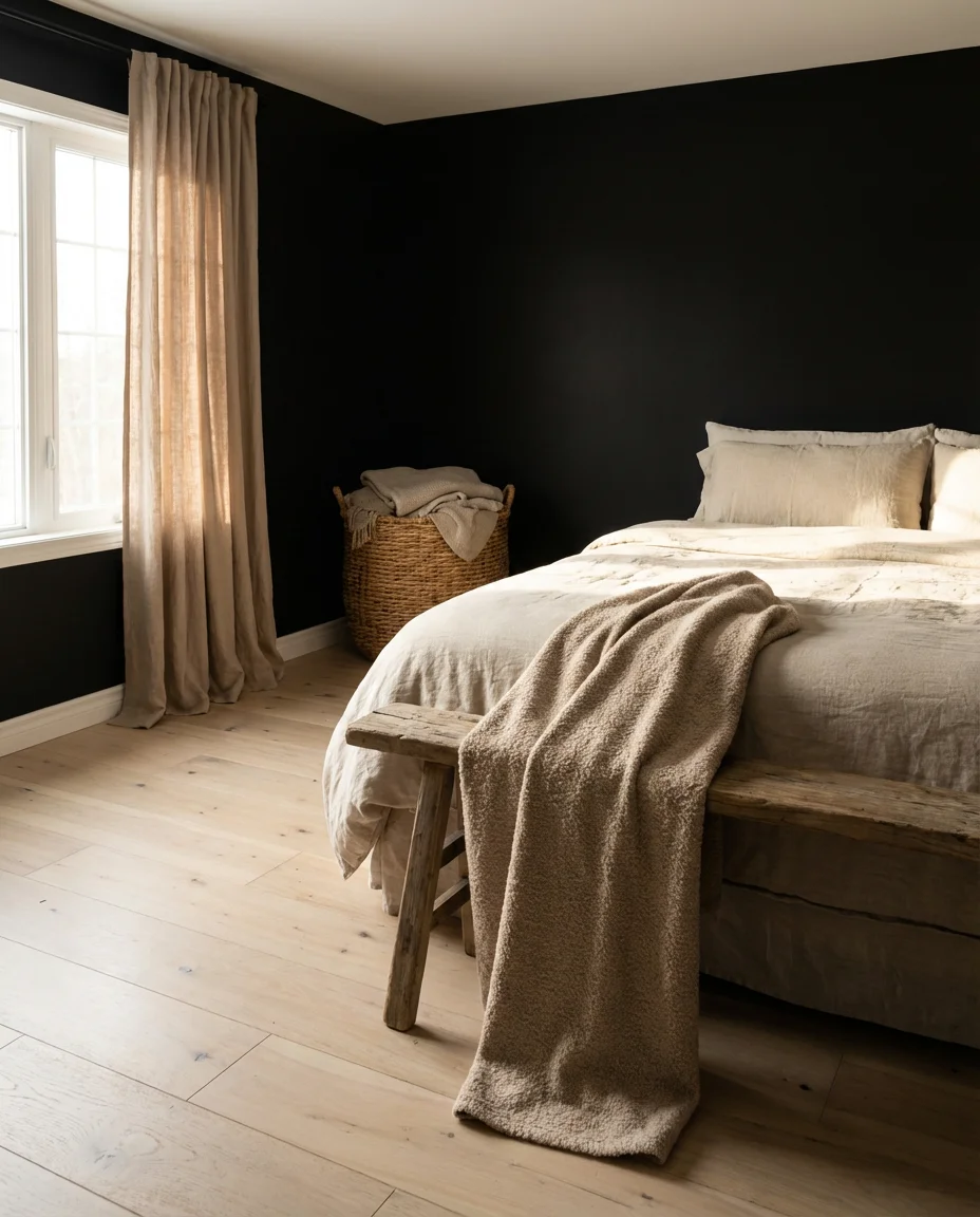 Black Bedroom with Neutral and Natural Tones 2
