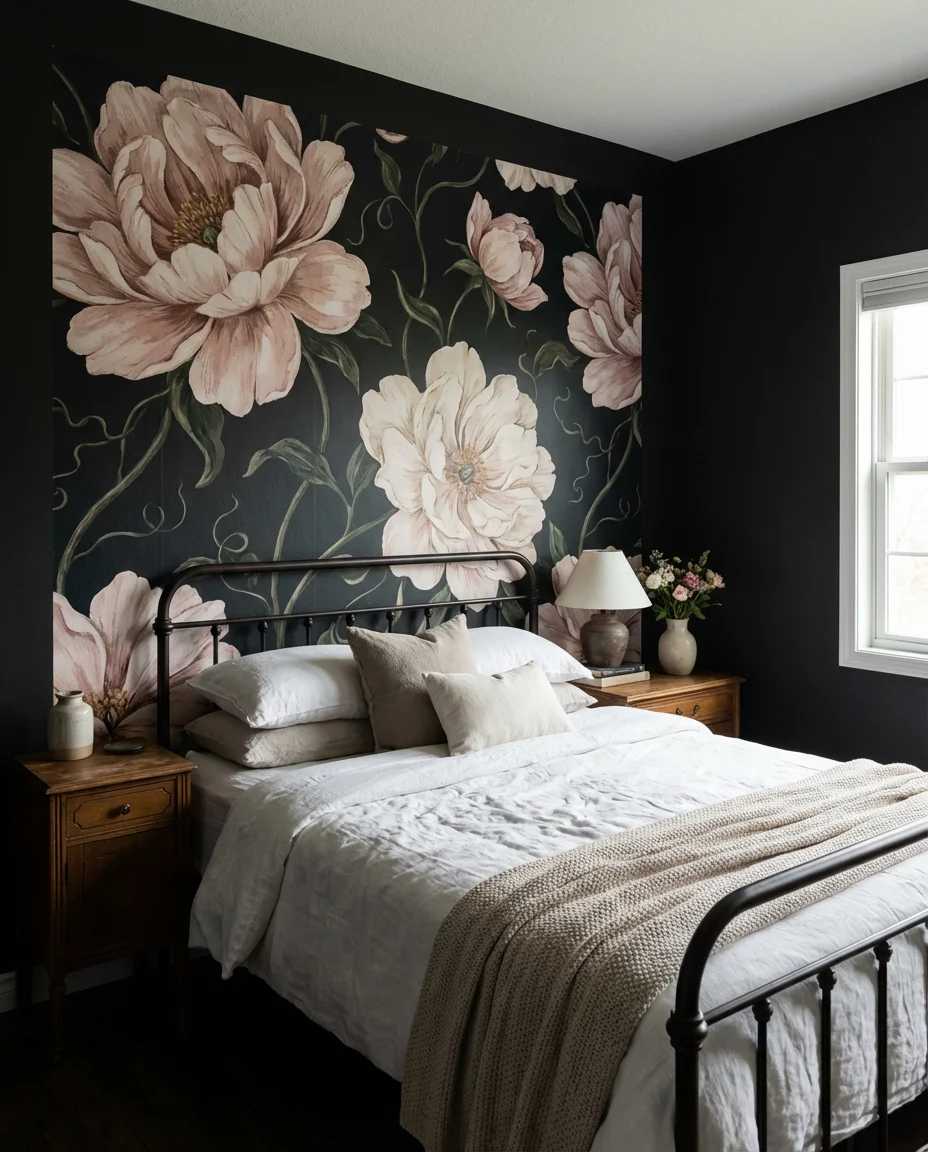 Black Bedroom with Pink and White Floral Softness 1
