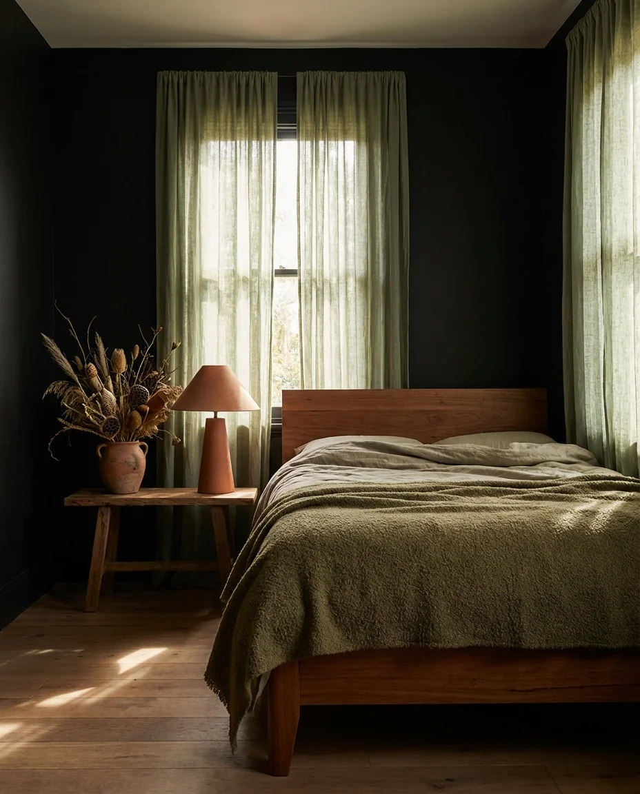 Black Bedroom with Sage Green and Earthy Palette 1