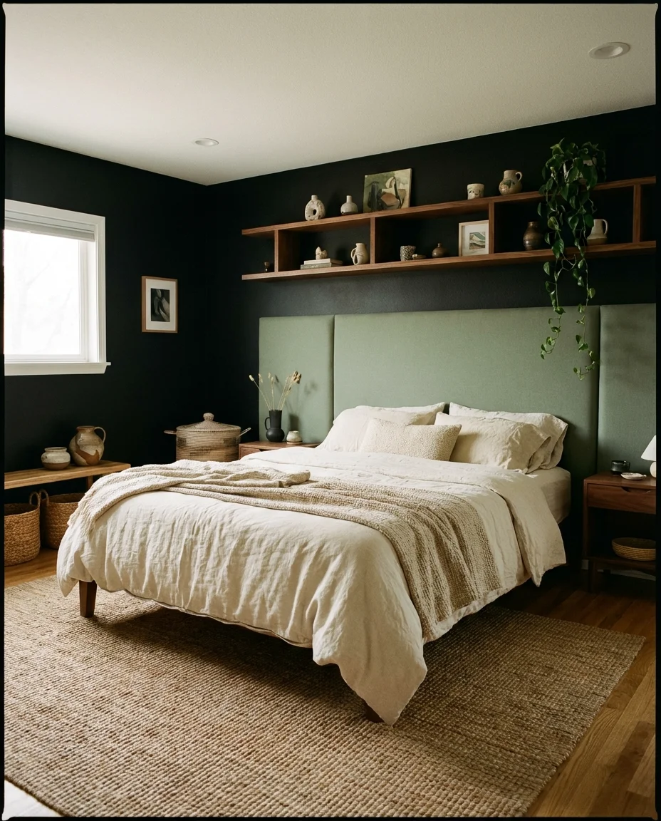Black Bedroom with Sage Green and Earthy Palette 2