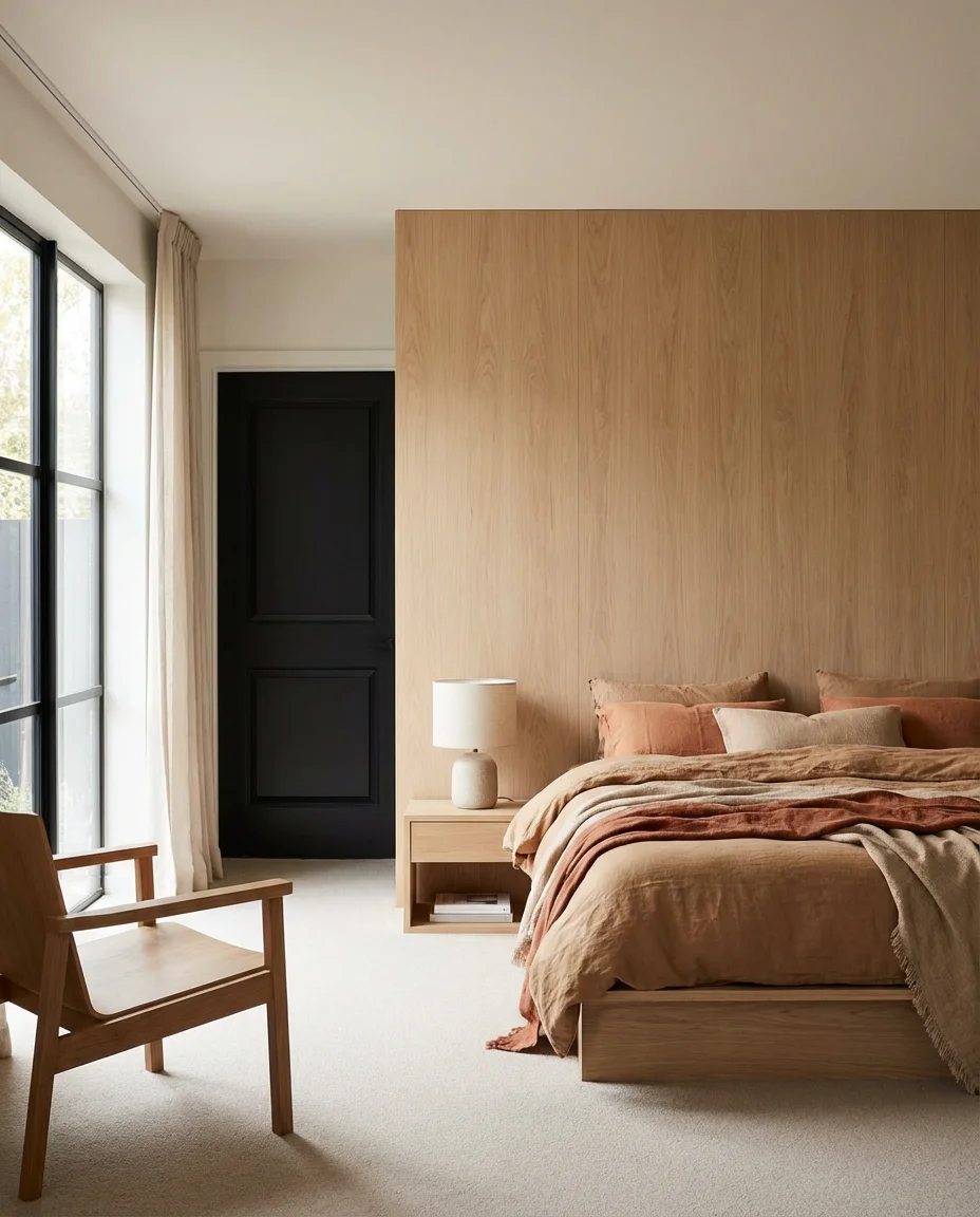 Black Bedroom with Wood and Doors as Design Features 1