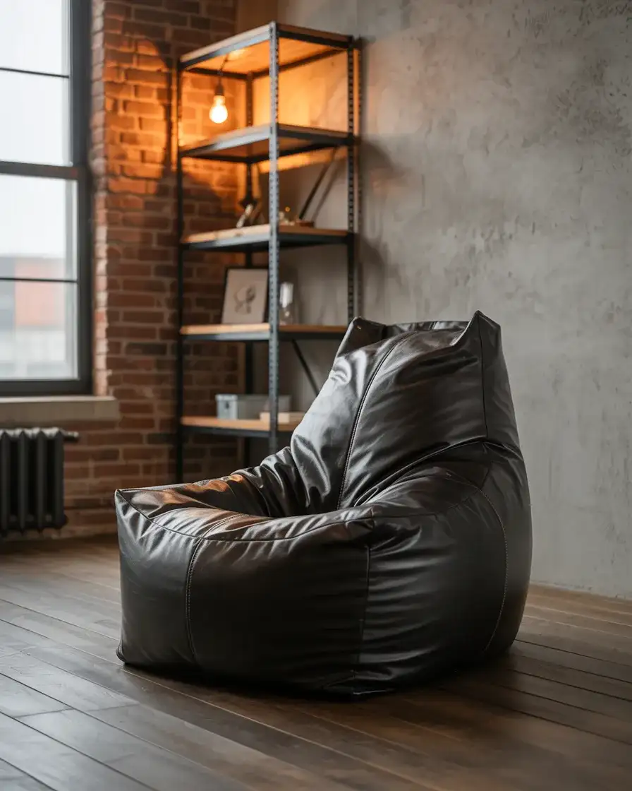 Black Leather Bean Bag for an Industrial Space 1