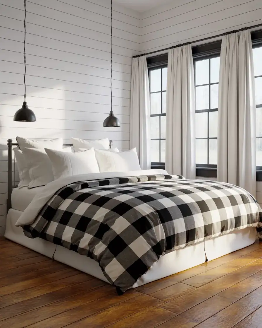Black and White Farmhouse Bedroom with Bold Contrast 1