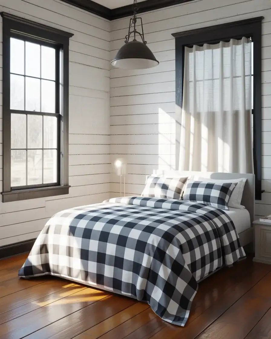 Black and White Farmhouse Bedroom with Bold Contrast 2