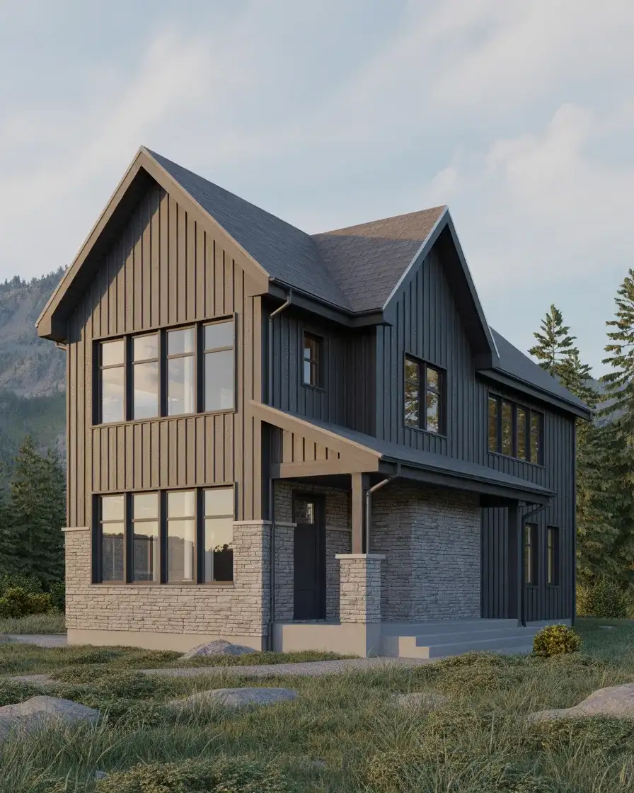 Black with Natural Stone Wainscot and Large Windows 2