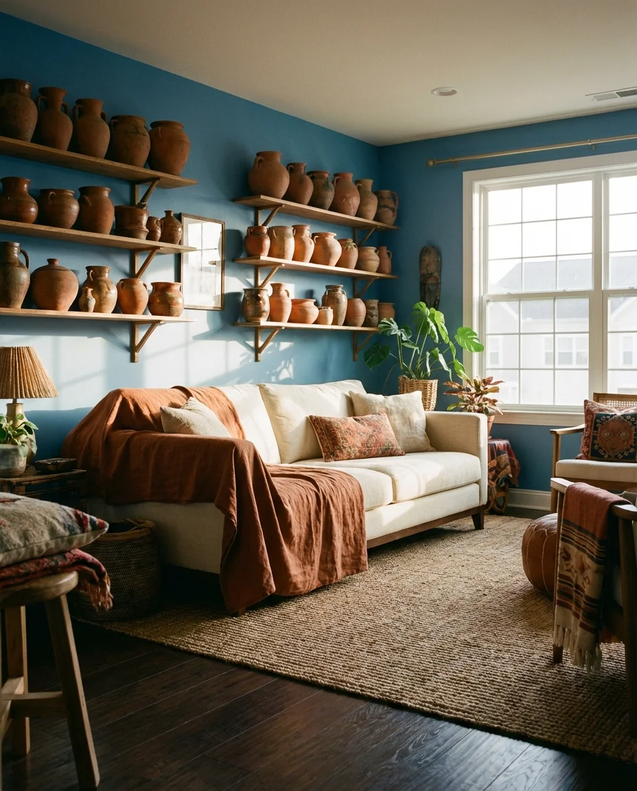 Blue Living Room with Warm Earthy Accents 1