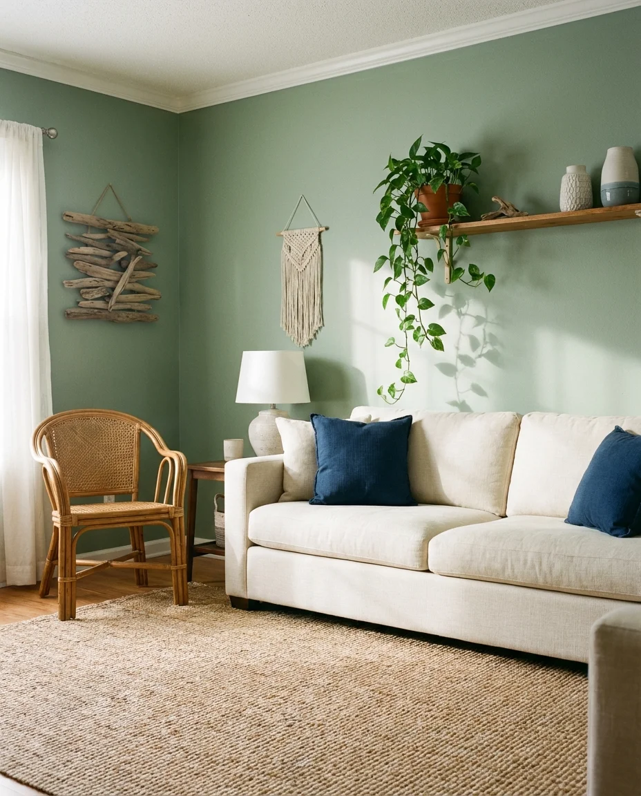 Blue and Green Living Room with Natural Textures 1