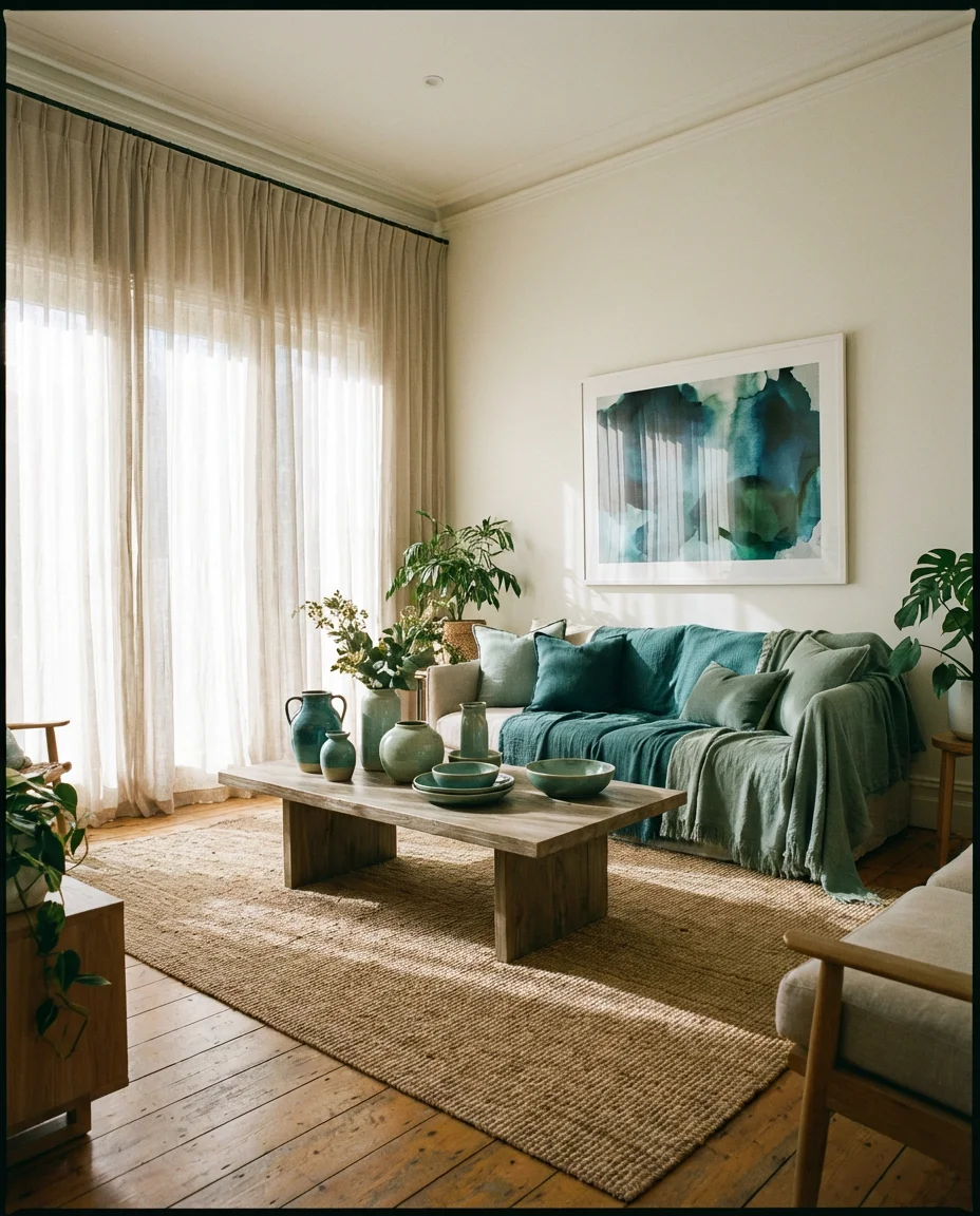Blue and Green Living Room with Natural Textures 2