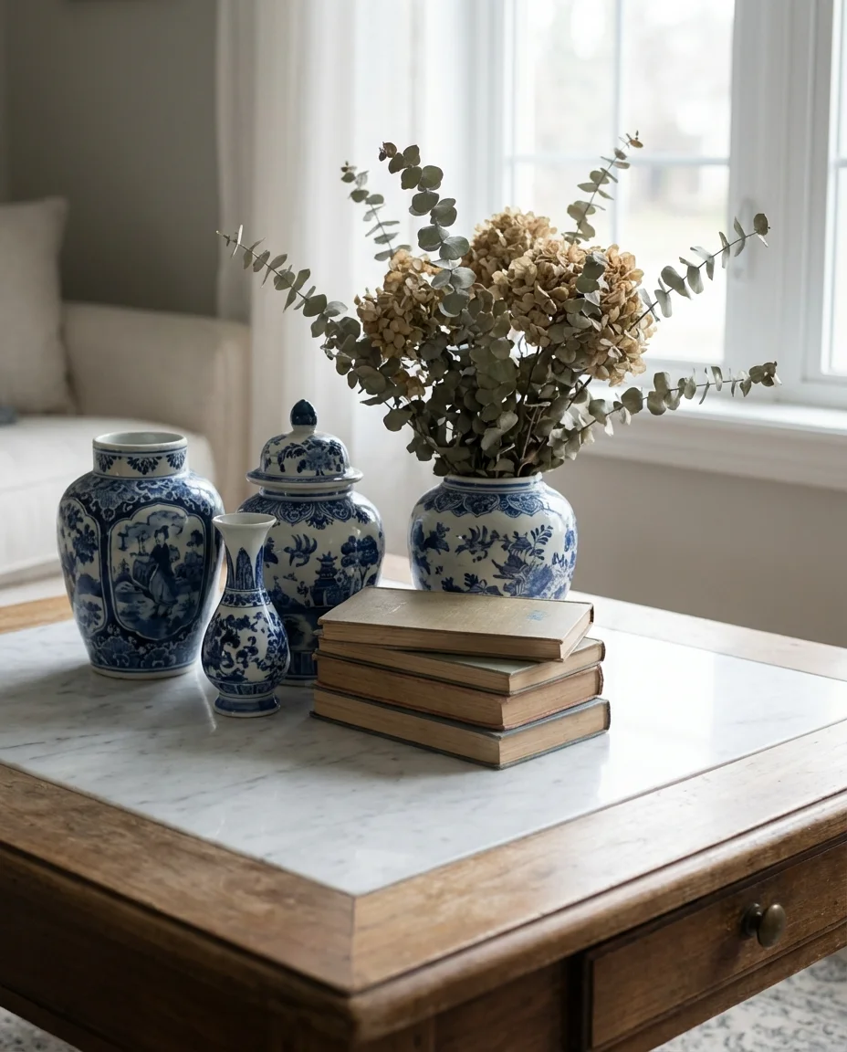 Blue and White Living Room Decor with Ceramics 2