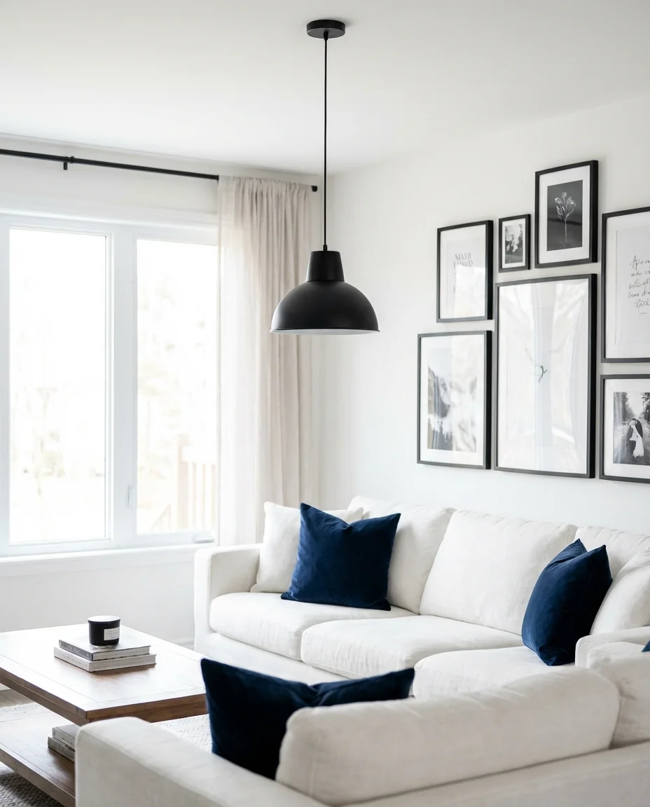 Blue and White Living Room with Black Accents 1
