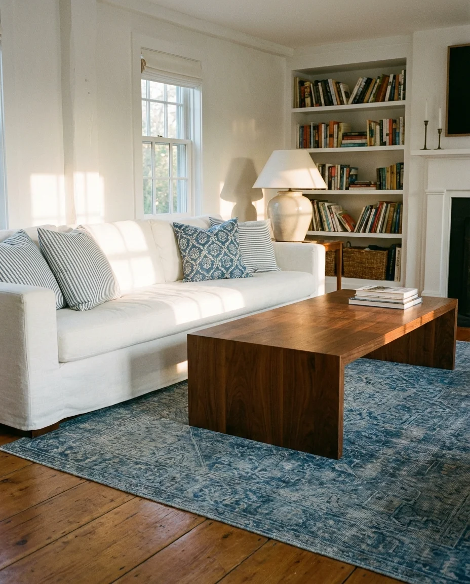 Blue and White Living Room with Brown Wood Accents 1