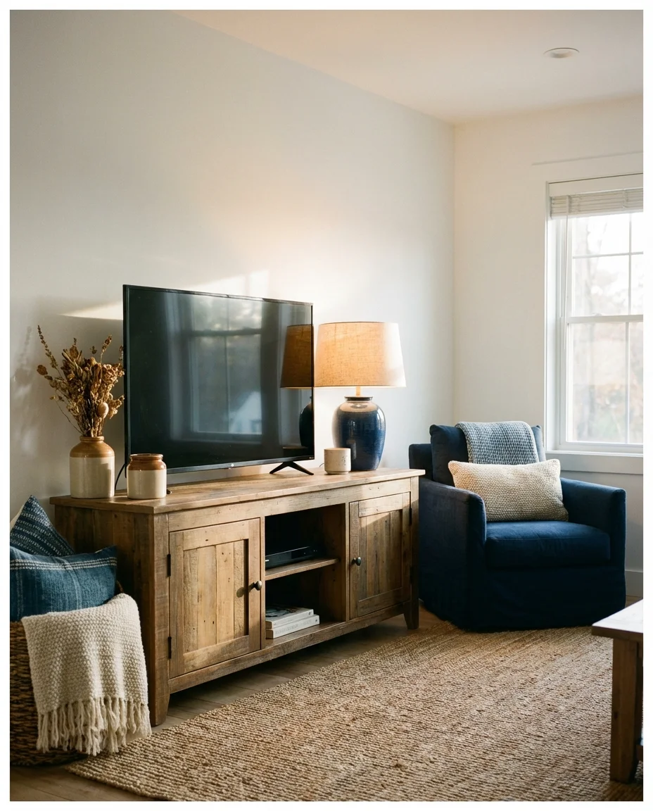 Blue and White Living Room with Brown Wood Accents 2