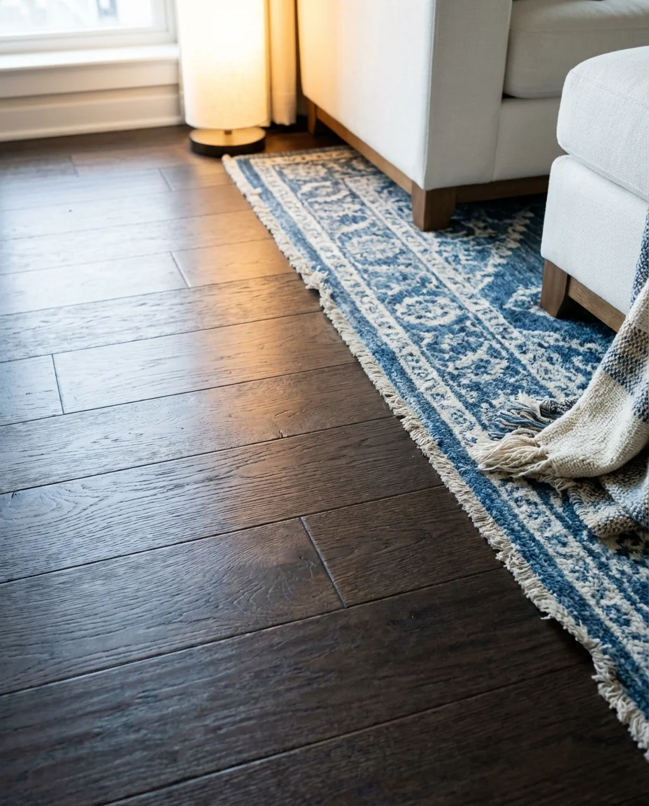 Blue and White Living Room with Dark Hardwood Floors 2