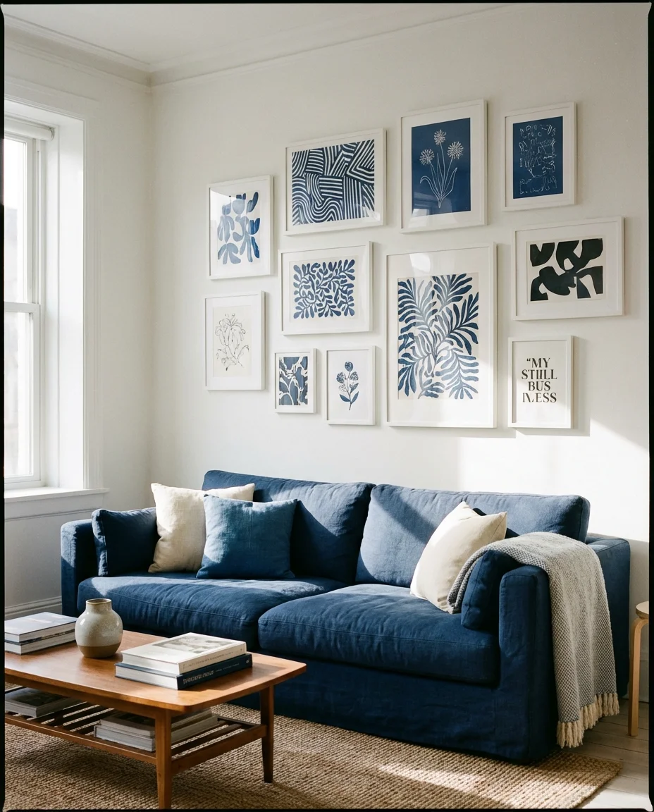 Blue and White Living Room with Gallery Wall 1