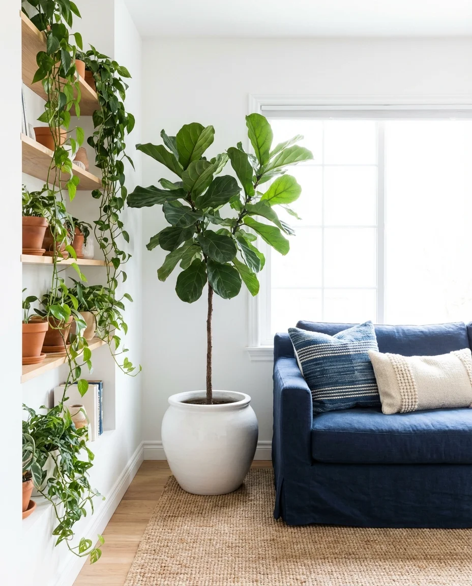 Blue and White Living Room with Green Plants 1
