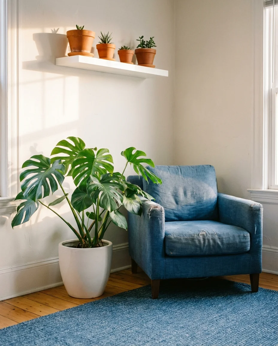 Blue and White Living Room with Green Plants 2