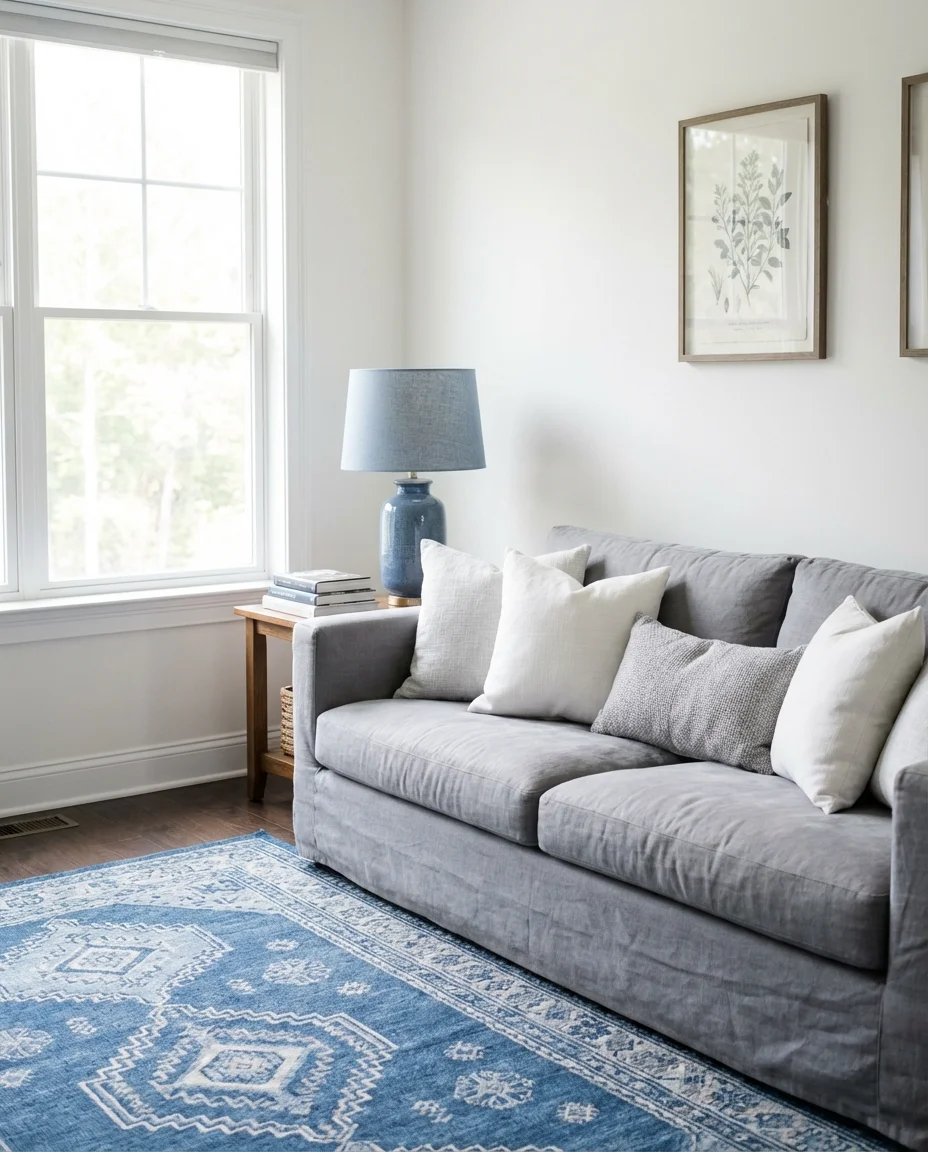 Blue and White Living Room with Grey Sofa 1