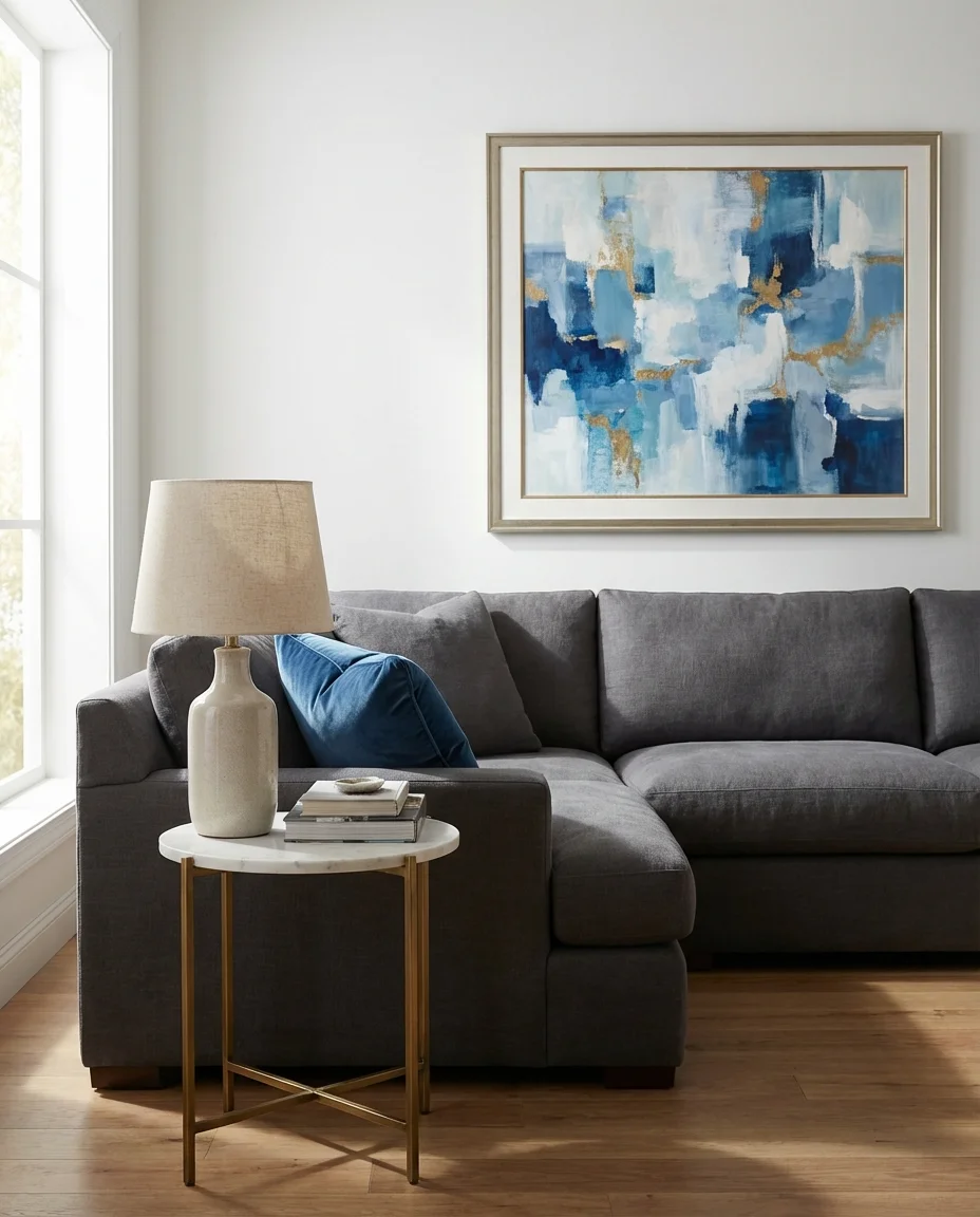 Blue and White Living Room with Grey Sofa 2