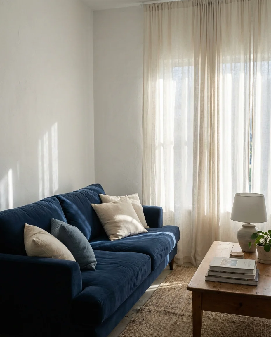 Blue and White Living Room with Linen Curtains 1